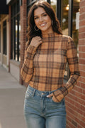 Chai Latte Plaid Mesh Mock Neck